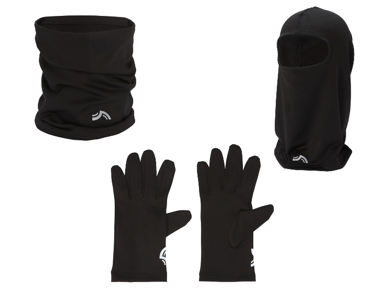 CRIVIT winteraccessoires: zwarte bivakmuts, nekwarmer en handschoenen met reflecterend logo.