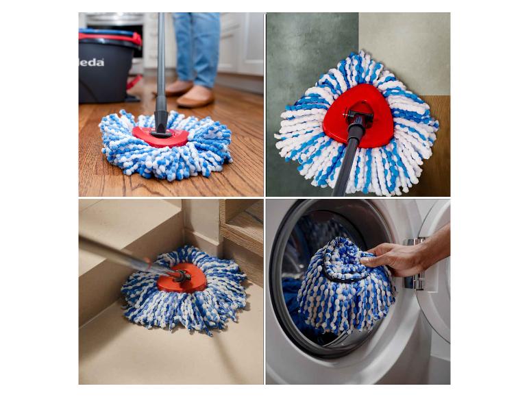 Vileda dweil met emmer, vloeren reinigend en in de wasmachine.