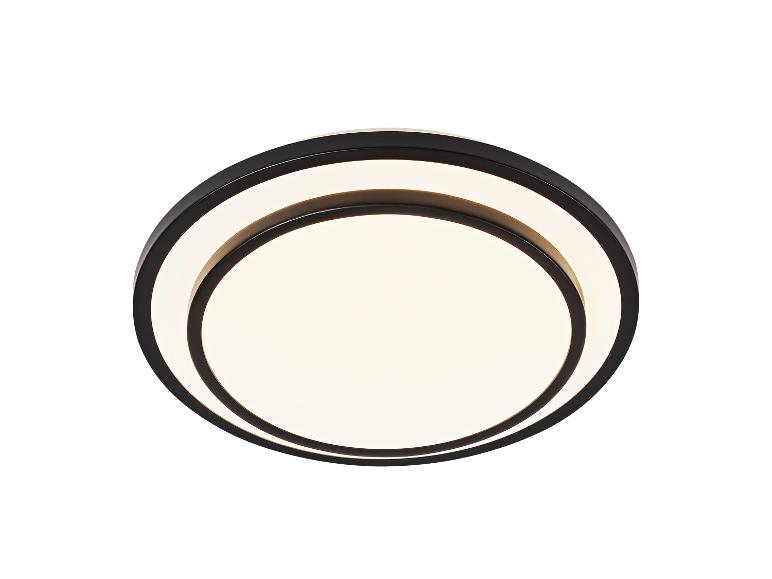 Zwarte, ronde plafondlamp met twee verlichte ringen