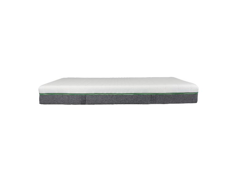 Een wit matras met een grijze en groene onderkant.
