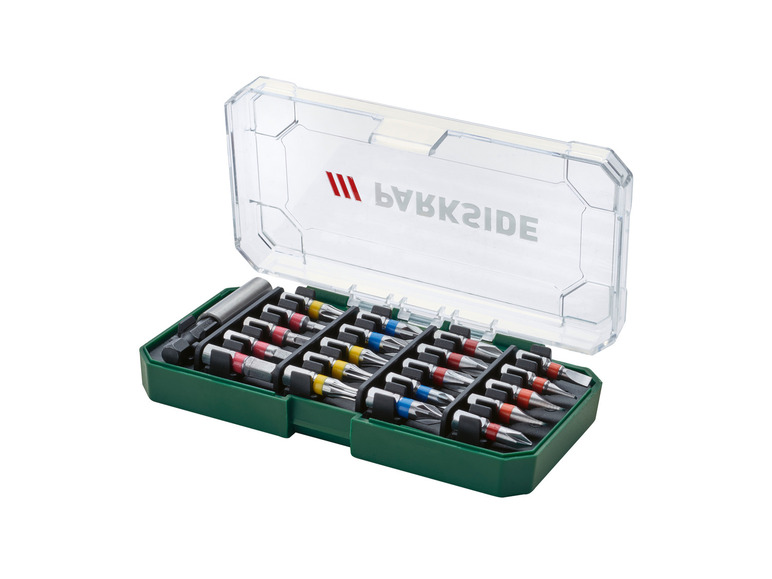 Een set schroevendraaierbits van Parkside in een groene opbergdoos.