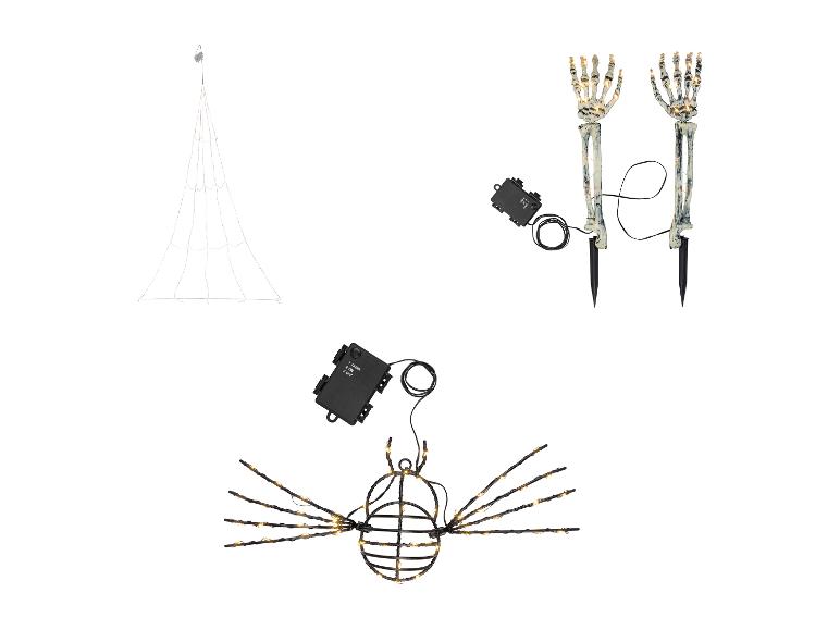 Halloween decoraties: verlicht spinnenweb, skeletarmen en verlichte spin.