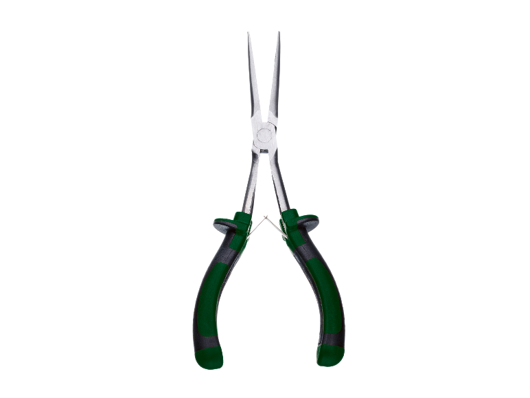 Lange bek tang met groene handgrepen.