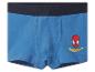 Blauwe jongensboxershort met Spider-Man afbeelding en tekst.
