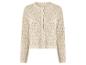 Beige cardigan met lange mouwen, opengewerkt patroon en knopen aan de voorkant.