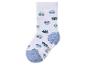 Witte kindersokken met blauwe en groene autopatronen, met antislipnoppen.
