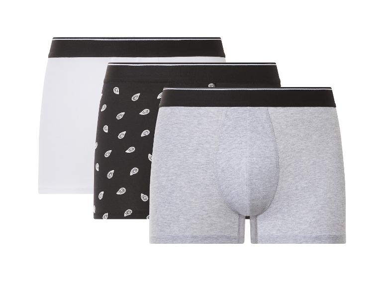 Set van drie herenboxers: wit, zwart met patroon en grijs
