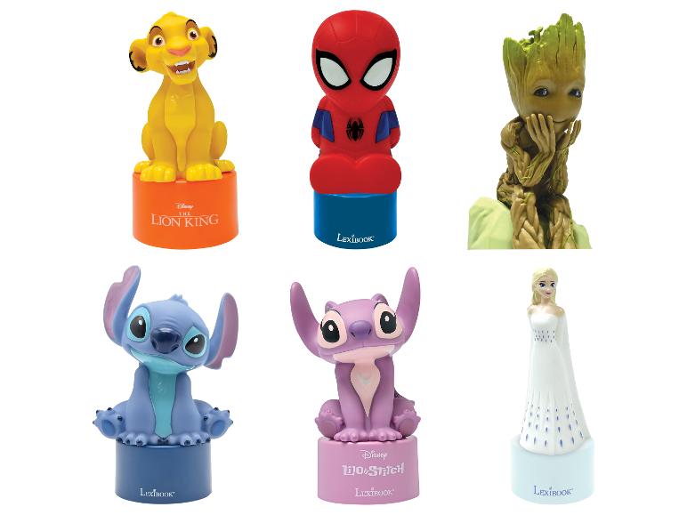 Zes figuren van Disney- en Marvel-personages, waaronder Simba, Spider-Man, Groot, Stitch en Elsa.