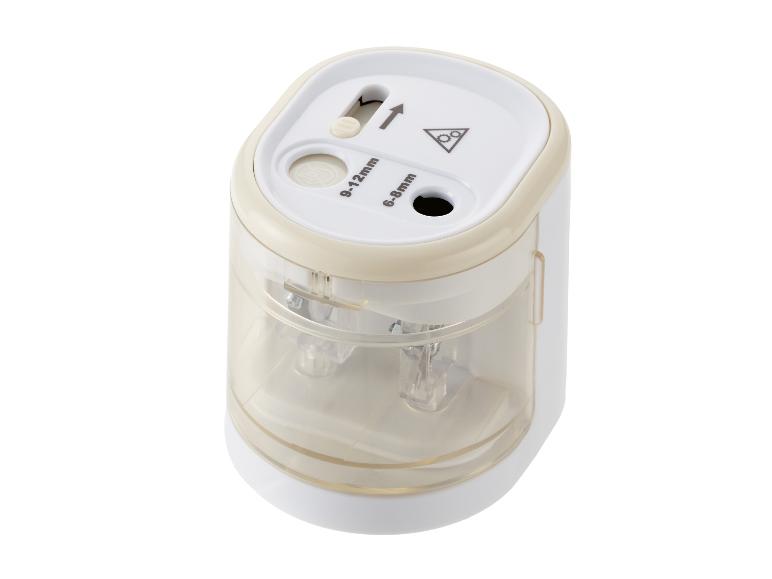 Wit en transparant elektrisch puntenslijper met twee openingen voor potloden van 6-8mm en 9-12mm.