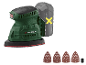 Groene draadloze schuurmachine met schuurbladen en accessoires.