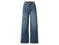 Blauwe wide-leg high-waist jeans.