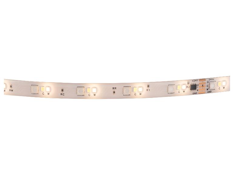 Een witte LED-strip met warmwitte en koudwitte LED's, met aansluitpunten.