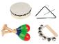 Kindermuziekinstrumentenset met een trommel, triangel, maracas en belletjes.