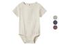 Beige baby romper met korte mouwen en knoopjes, met kleurenpalet ernaast.