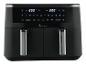 Zwarte dubbele airfryer met digitaal display dat 200°C en kookpictogrammen toont.