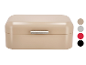 Beige broodtrommel met metalen handvat, met kleurstalen in grijs, rood en zwart.