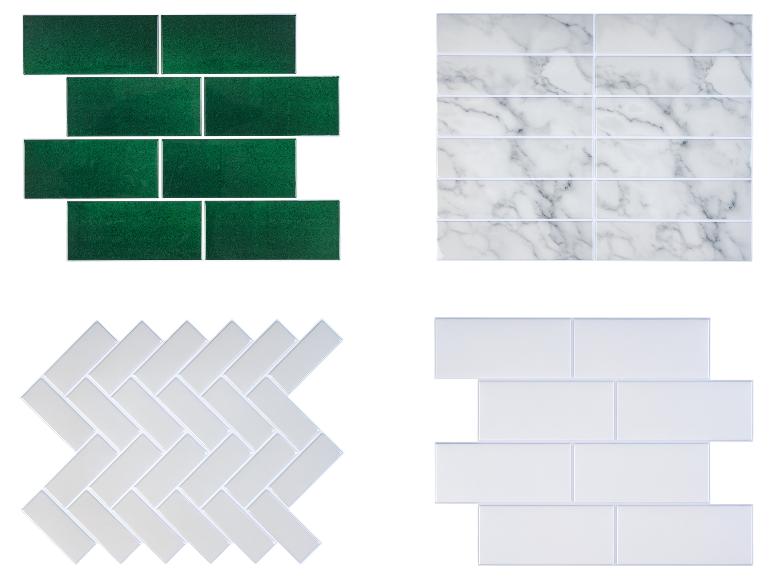 Vier zelfklevende tegelpanelen: groen, wit marmer, wit visgraat en witte metro.