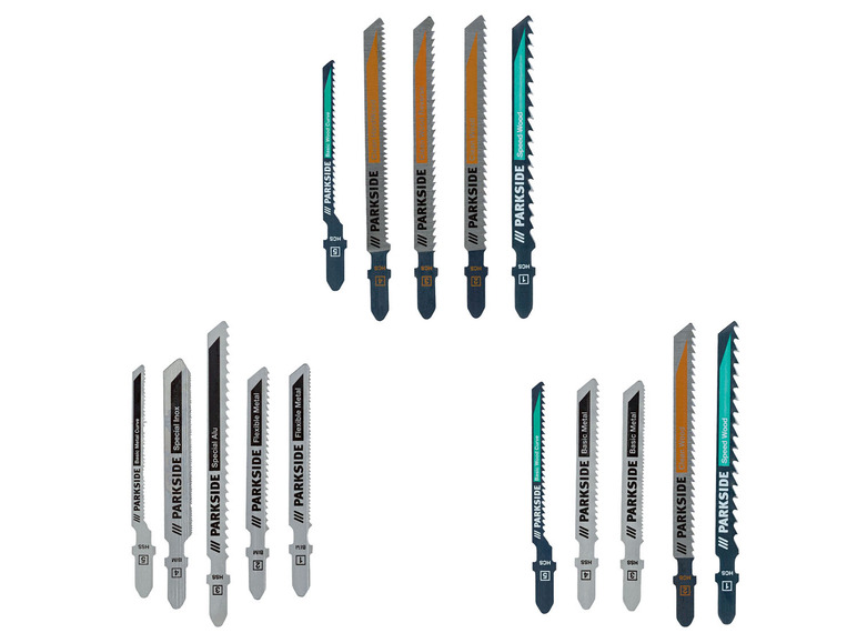 Assortiment zaagbladen van Parkside voor hout, metaal en hout met een bocht.
