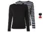 Set van 2 dames longsleeves: één effen zwart en één marineblauw-wit gestreept.