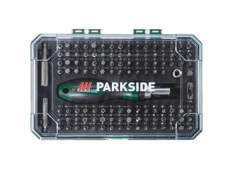 Schroevendraaierbitset met handvat, inclusief een grote verscheidenheid aan zeskant-, Torx- en Phillips-bits.