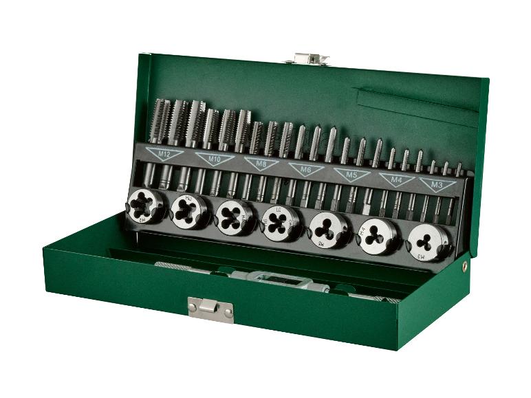 Tap- en snijset in een groene doos, met maten M3 tot M12.