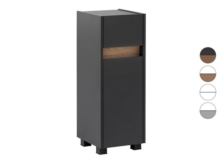 Een donkergrijze kast met een houten accent