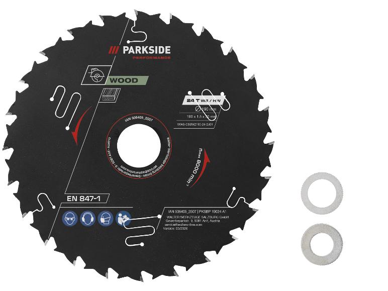 Houtzaagblad 190 mm, 24 tanden, max. 8000 tpm, met twee ringen.