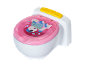 Wit en roze potje met cartoon dierendesign en gele spoelknop.
