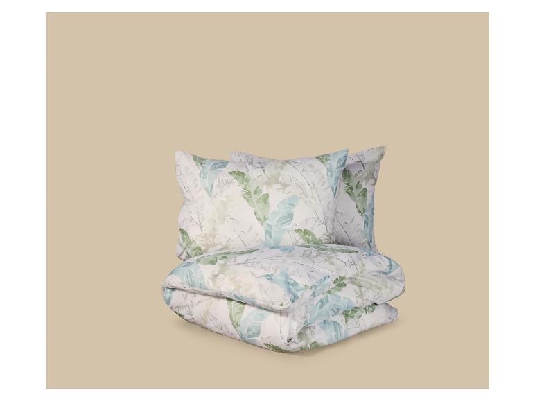 Beddengoedset met tropisch bladpatroon in groene en blauwe tinten.