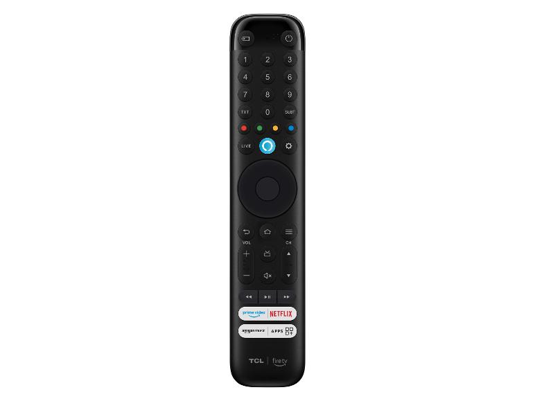 Zwarte TCL Fire TV afstandsbediening met Netflix en Prime Video knoppen.