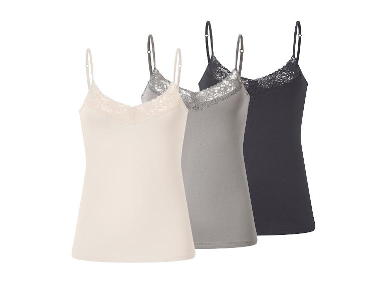 Drie kanten camisoles voor dames in beige, grijs en donkergrijs.