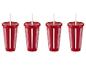 Vier rode bekers met witte strepen en rietjes.