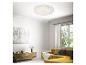 Woonkamer met plafondlamp, gele bank en houten kast.