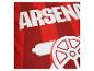 Rode stof met witte tekst „ARSENAL” en kanongrafiek.