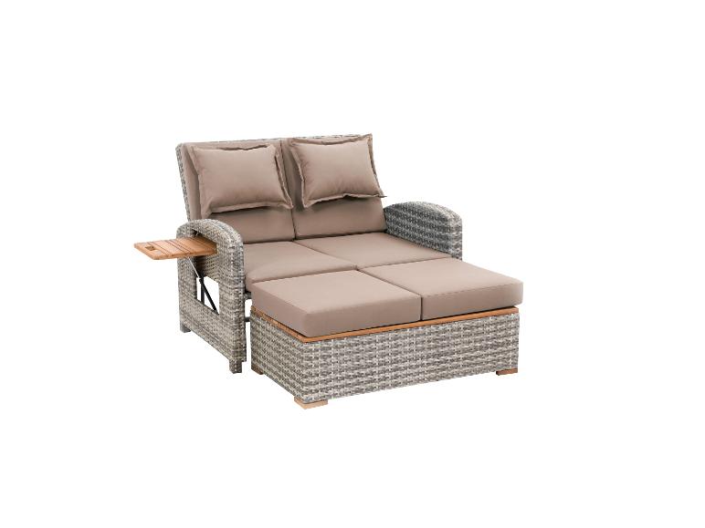 Grijze tuinbank van polyrattan met beige kussens en uitschuifbare tafel