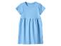 Blauwe kinderjurk met korte mouwen en geplooide rok.
