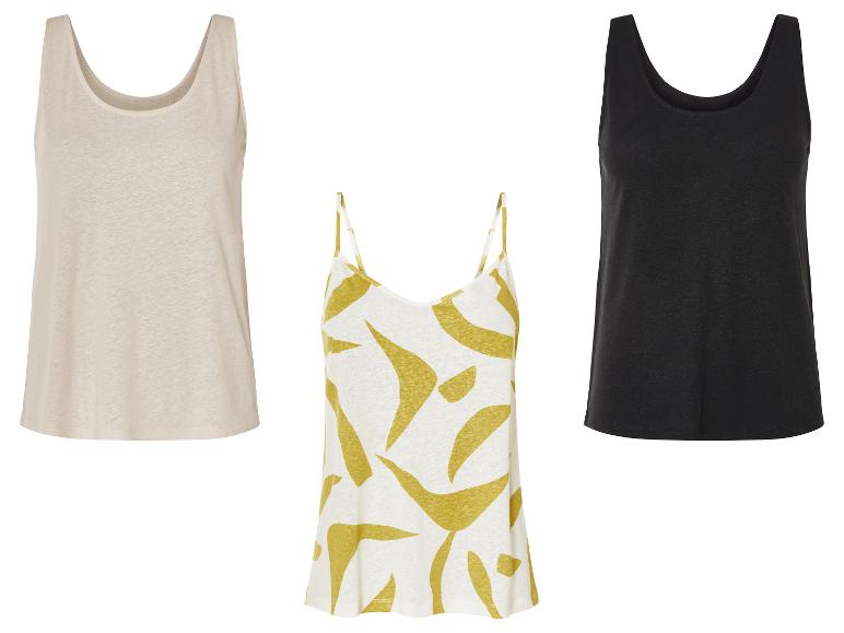 Drie dames tanktops: beige, zwart en met print.