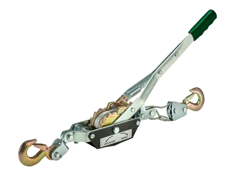 Een handmatige stalen lier met een groene handgreep.