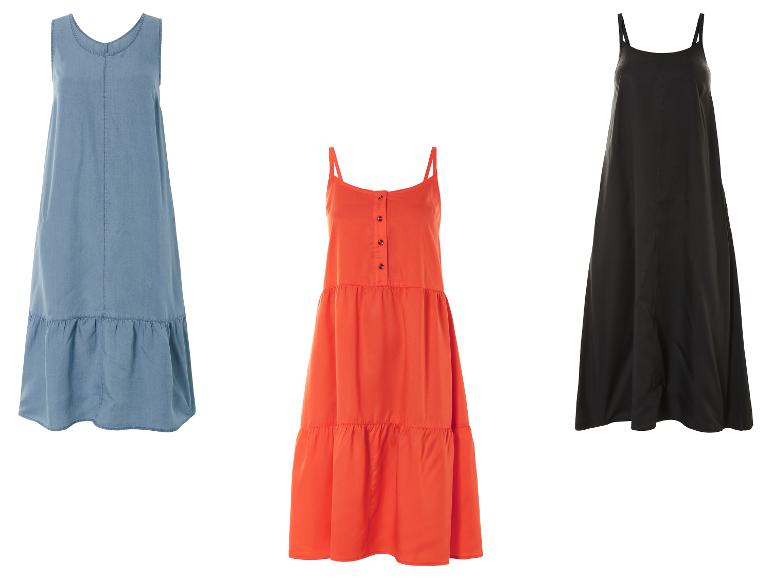 Drie jurken: blauw, oranje en zwart.