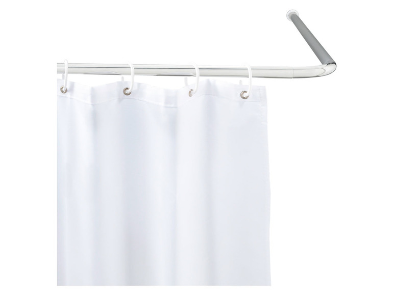 Een witte douchegordijn met een gebogen douchestang