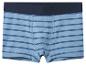 Blauwe en marineblauwe gestreepte herenboxershort met een donkere elastische tailleband.