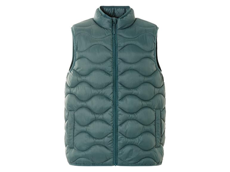 Een donkergroene gewatteerde vest met ritssluiting.