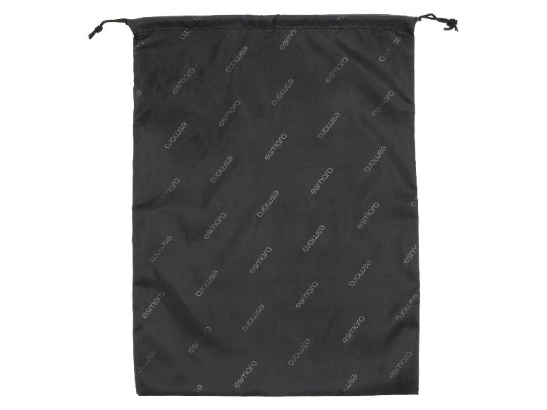 Zwarte stoffen zak met trekkoord, bedrukt met het Esmara-logo.