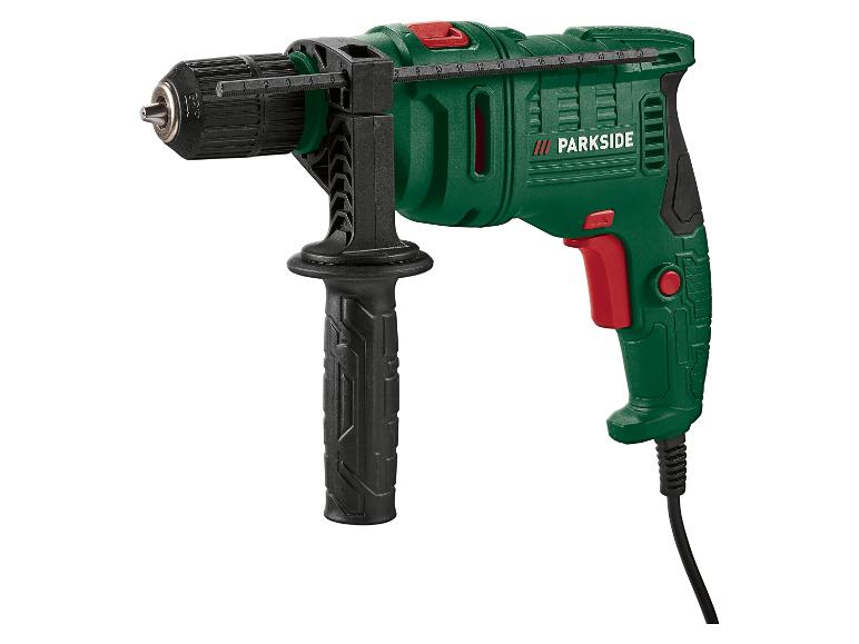 Groene en zwarte boormachine met dieptemeter en extra handgreep.