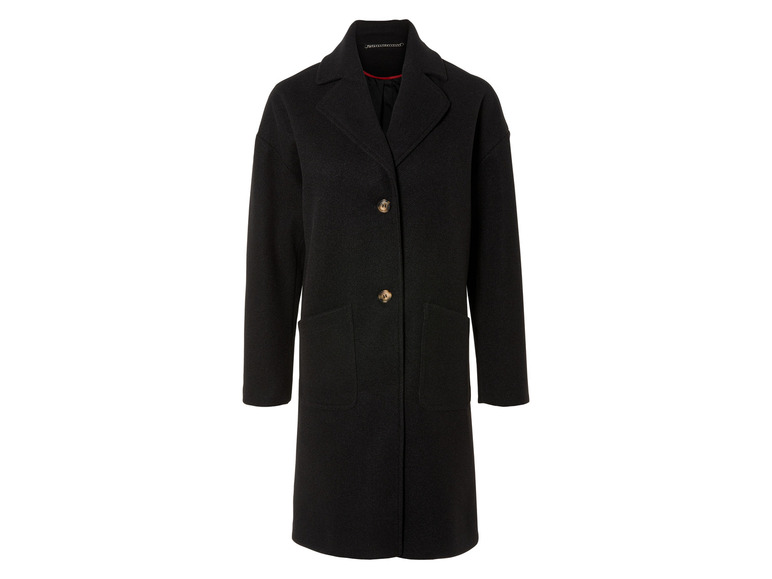 Een zwarte wollen jas met knopen.
