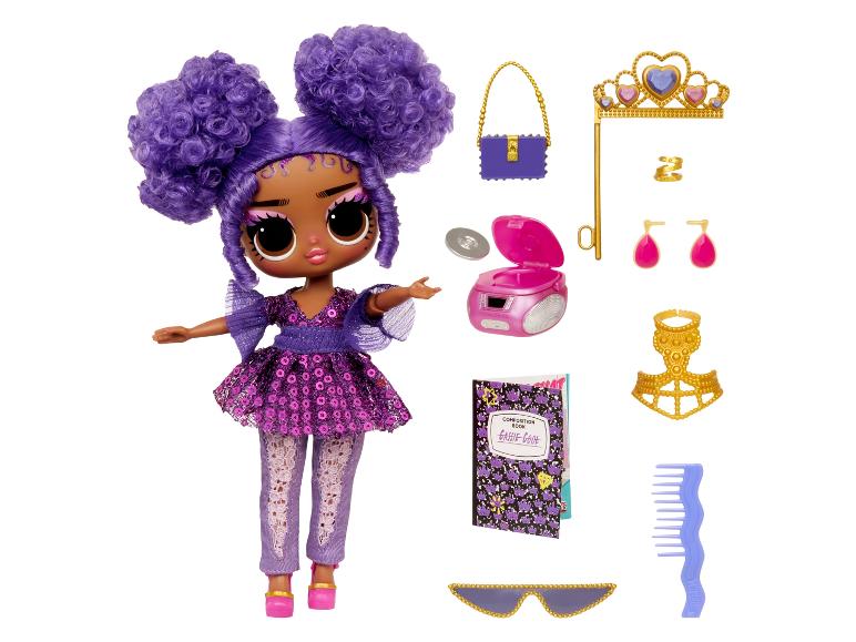 LOL Surprise-pop met paars haar en accessoires zoals een kroon en een cd-speler.