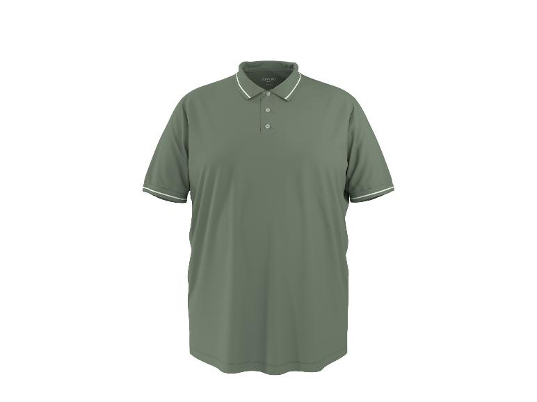 Olijfgroen herenpoloshirt met witte strepen op de kraag en mouwen