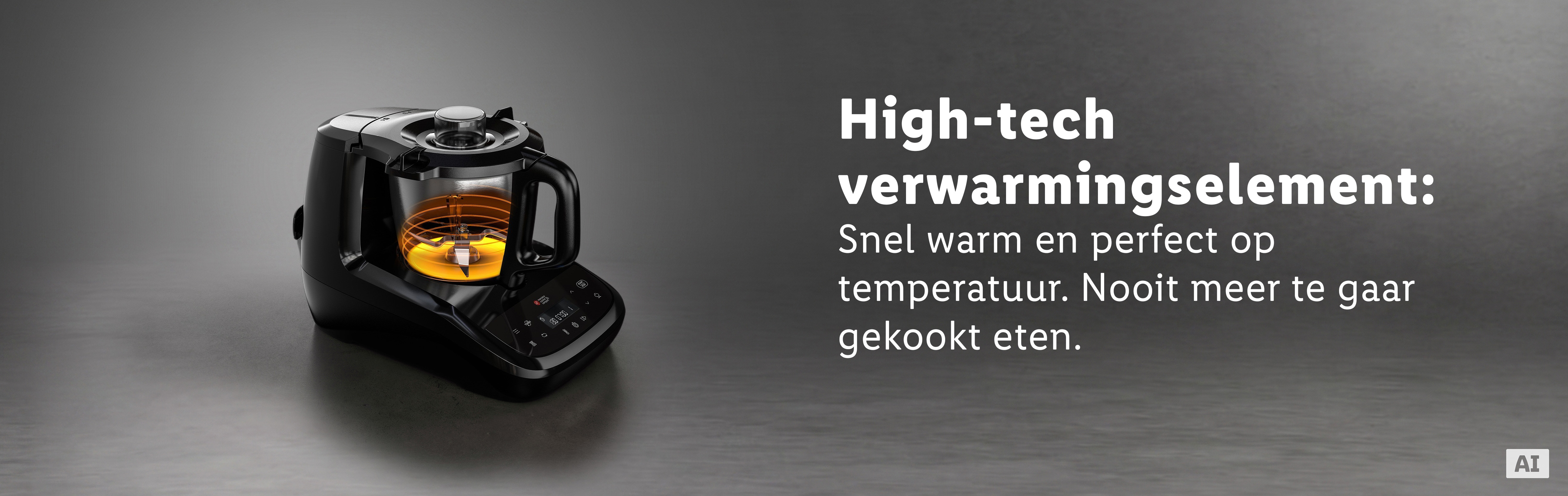 De Monsieur Cuisine compact op een keukenwerkblad, omgeven door accessoires zoals roeropzetstuk, maatbeker, stoomkoker en een tablet met geopende recepten-app. (Met AI-watermerk)