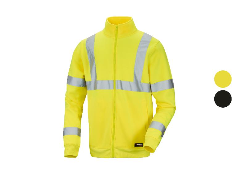 Gele fleecejas met reflecterende strepen, getoond met gele en zwarte kleurstalen.