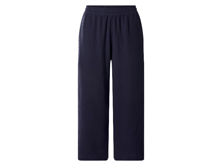 Donkerblauwe wijde broek met elastische tailleband.